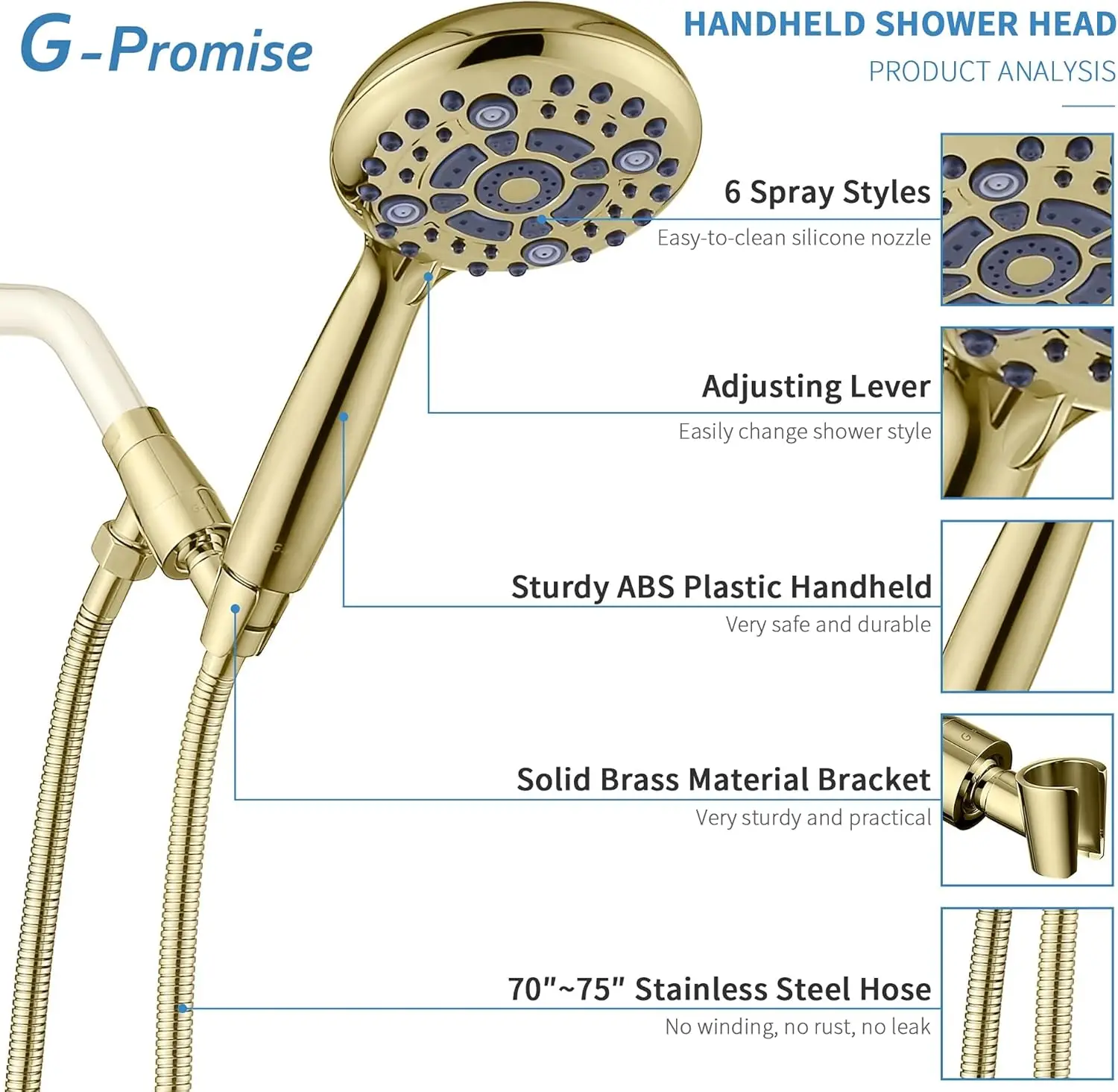 4.9 Inch Large Panel Detachable Handheld Shower 6 High Pressure Spray Modes Extra Long Flexible Hose Solid Metal Adjustable Wall Bracket