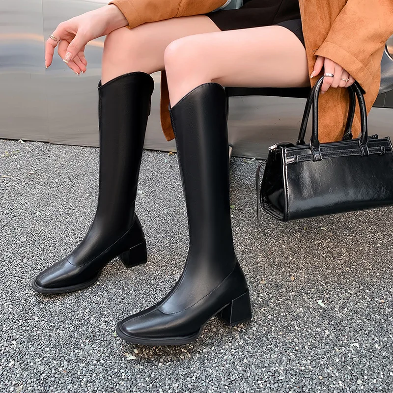 

Женские ботильоны с квадратным носком/осенние удобные туфли до колена из мягкой кожи на толстом высоком каблуке, модная простая обувь на молнии YF017