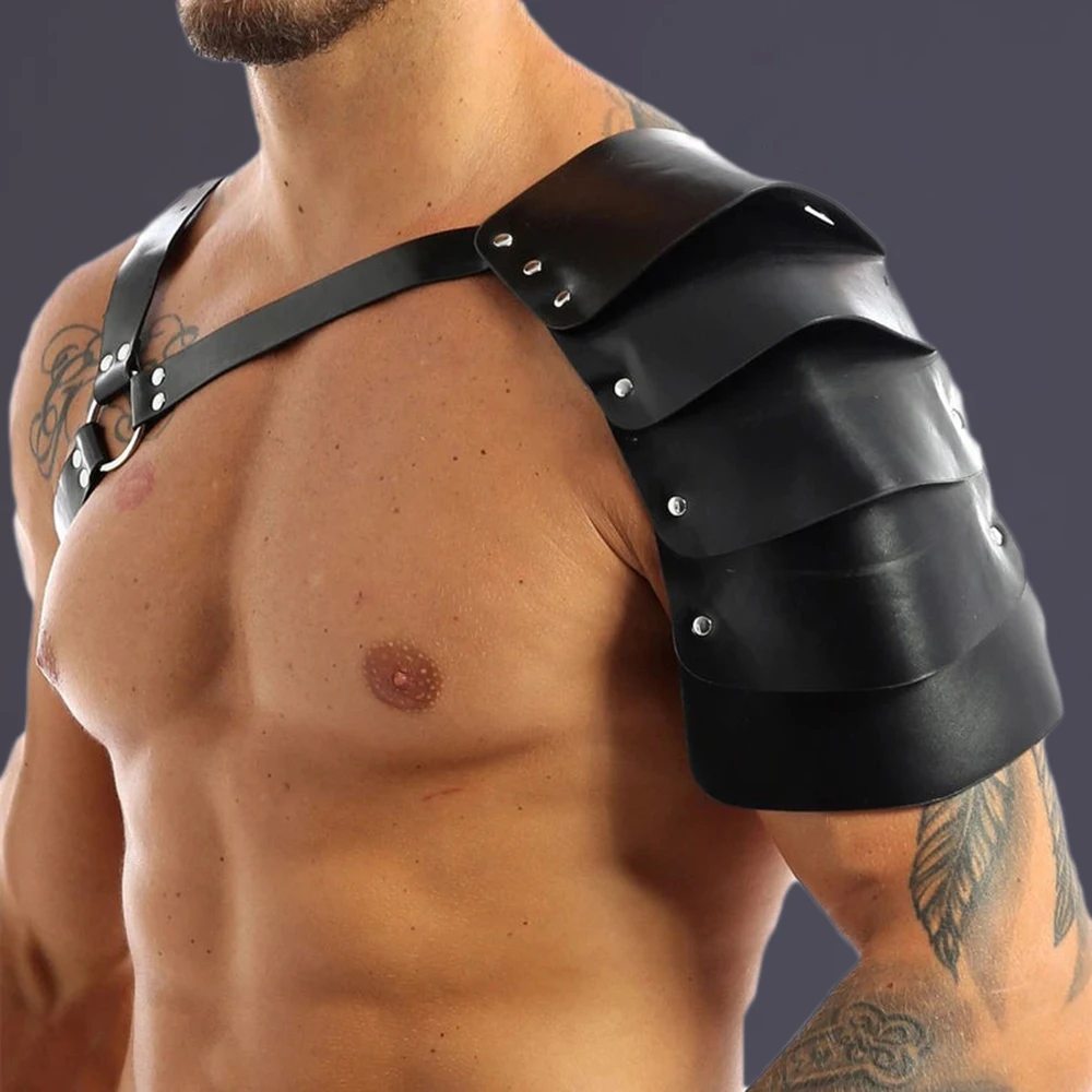 Men Harness One Strap PU Leather Men Bondage Gay Lingerie Adjustable Body Chest Bondage Costume Cosplay with Shoulder Armors