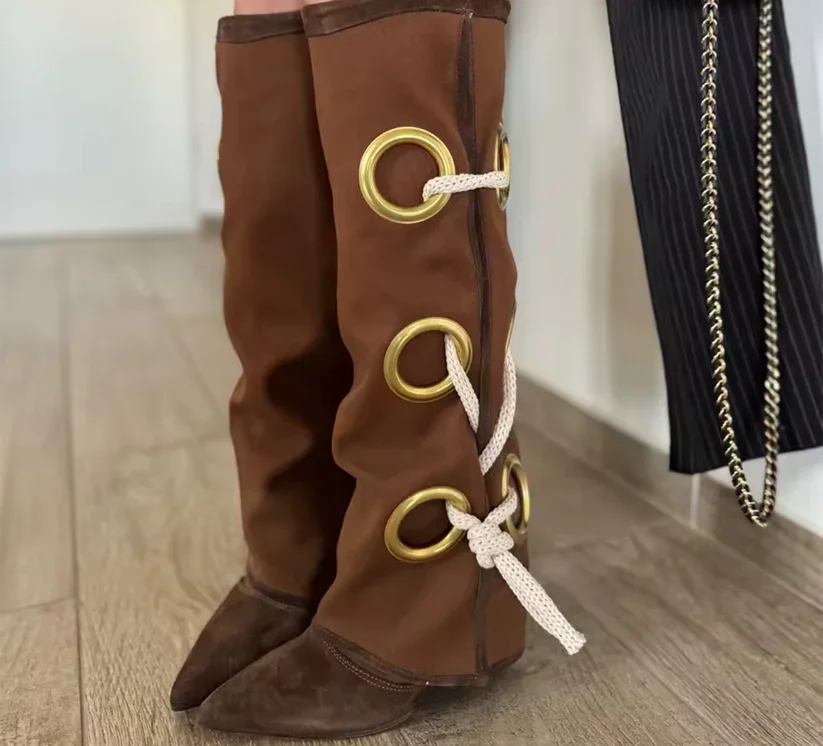New Autumn/Winter Women's Black Suede Knee High Boots Gold Ring Decor Lace Up Design, Pointed Toe Block Heel Stylish Long Boots