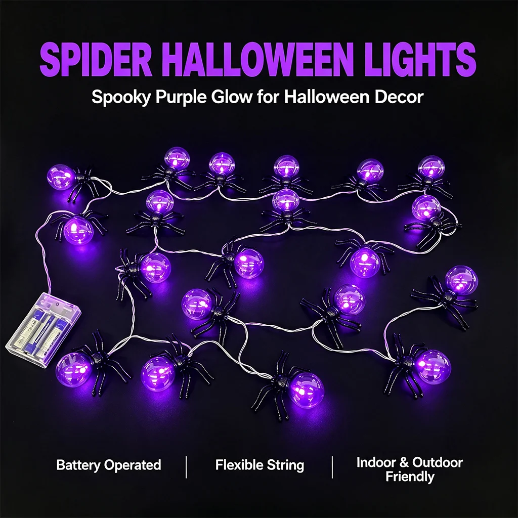 3M/6M Spider Halloween String Lights Purple Fairy Lights Battery Powered with Timer for Home Fireplace Mantle Windows Home Decor