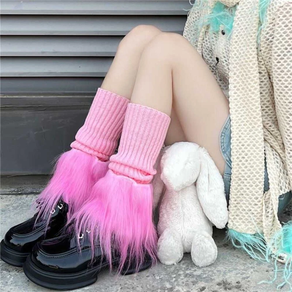 

Fashion Lolita Plush Leg Warmers Patchwork Solid Color Knitted Foot Cover Warm Pile Up Socks Leg Cover Y2K Female