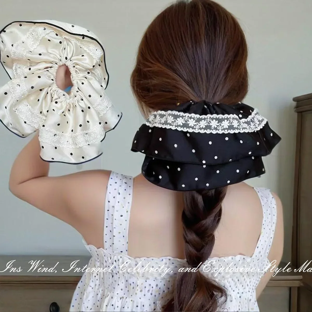New French Light Luxury Gentle Temperament Polka Dot Lace Large Intestine Hair Band Women's High-end Ponytail Hair Accessories