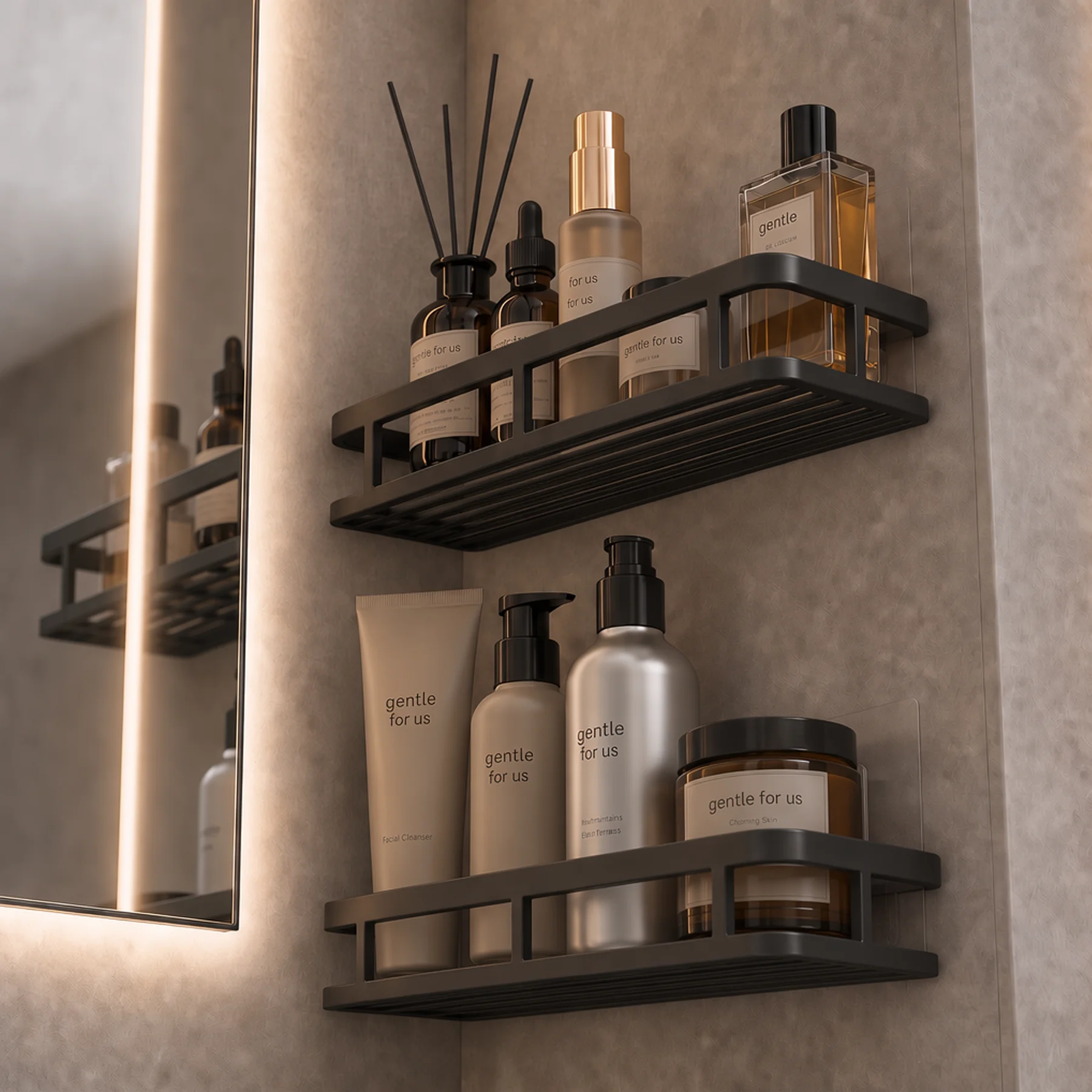 2pcs Black Wall Mounted Storage Shelf, Heavy Duty Plastic No Drill Organizer Rack with 2 Hooks, Corner Shelf for Bathroom Kitche