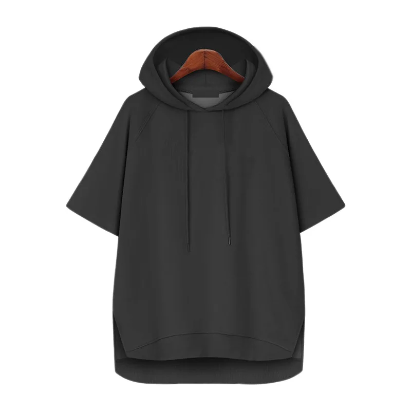 Summer Thin Short Raglan Sleeve Hooded Hoodies Korean Style Split Solid Color Pullovers Drawstring Casual All-Matched Sweatshirt