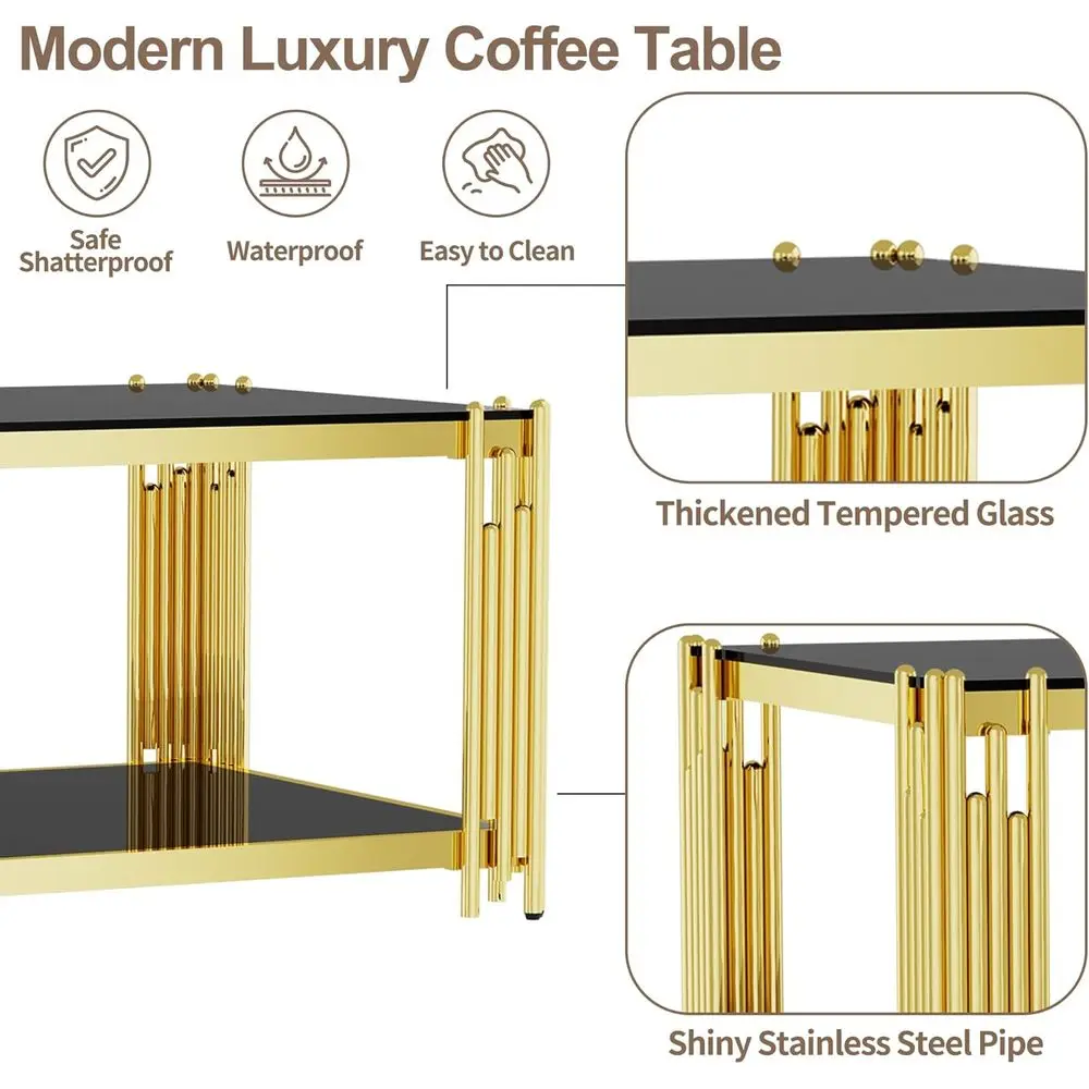 Modern Rectangular Tempered Glass Coffee Table with Gold Stainless Steel Legs for Luxury Living Rooms and Home Offices, 43