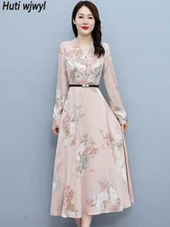 2024 Pink Floral Acetate Satin Casual Long Robe Women Fashion Elegant Chic Party Midi Dress Spring Autumn Bodycon Evening Dress