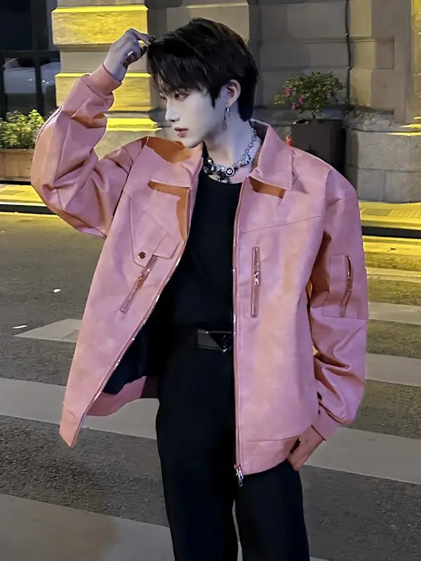 

Розовый мужской кожаный джет с плечом для полета и охоты, винтажная американская мотоциклетная одежда, свободная посадка, длинная свеч-молния, декор...