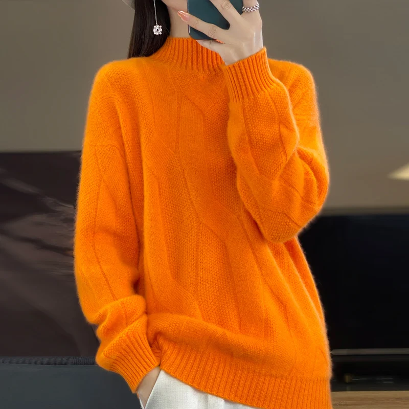 100%Thick Merino Pure Wool Pullover For Women Winter Long Sleeved Solid Color Warm Knit Jumper Top Lazy Style Thick Wool Sweater