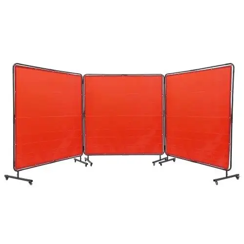 Portable 3-Panel Flame-Resistant Welding Screen - 6'x6' Adjustable Curtain on Lockable Wheels, Red for workshop