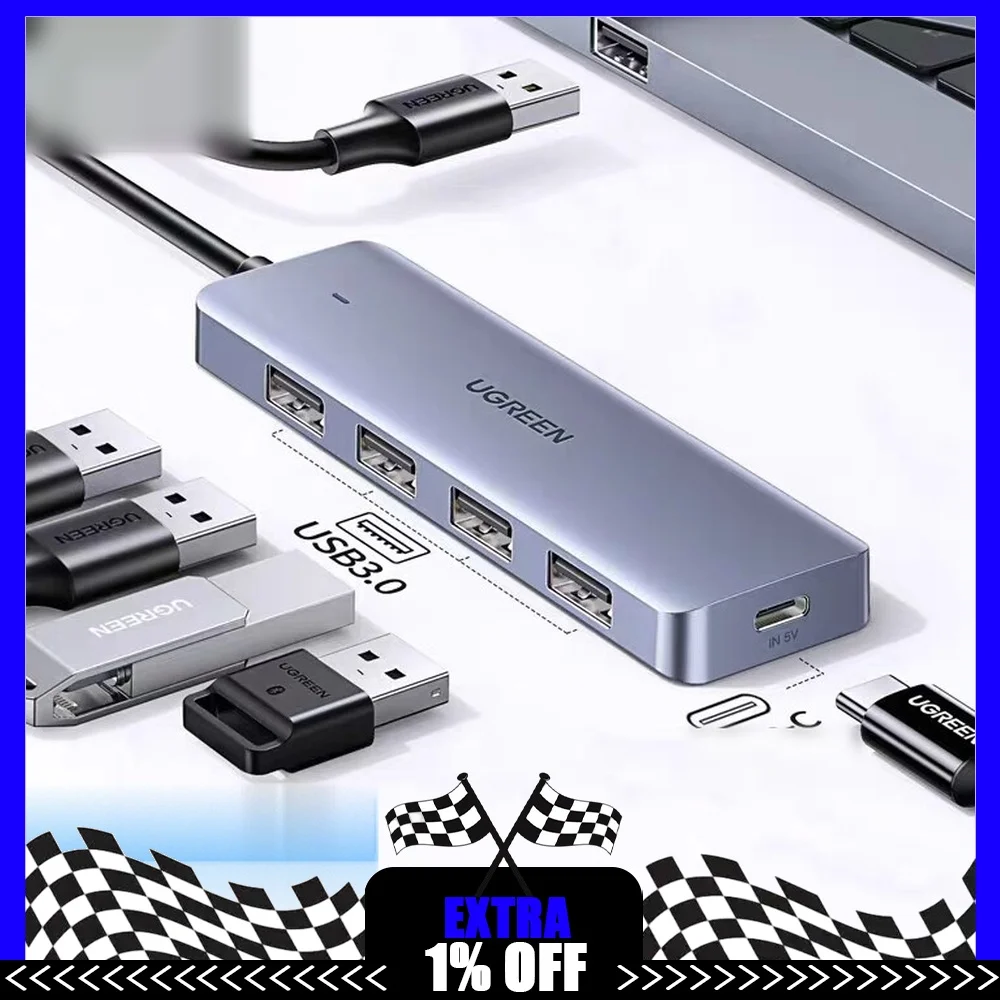 UGREEN 90879 USB 3.0 Hub 4-Port 5Gbps 1.5m Cable Type-C Power Input for Laptop Desktop Keyboard Mouse Flash Drive Hard Drive