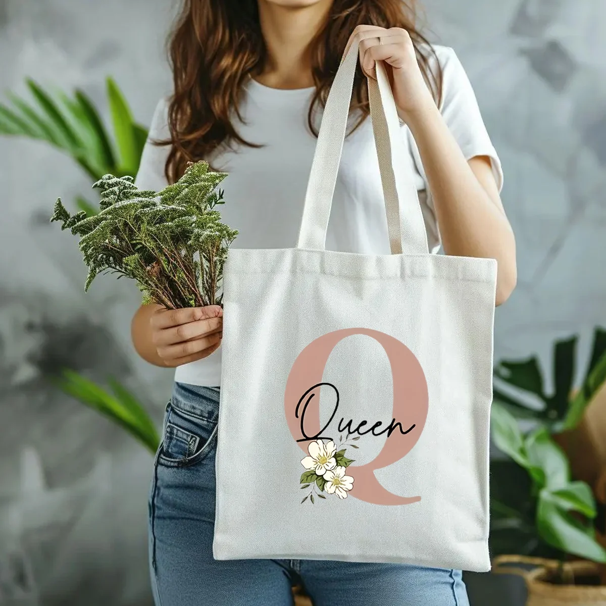 Custom Creative Floral Pink Letter Personalized Name Shoulder Bag for Travel Ideal Gift for Weddings for Brides and Bridesmaids