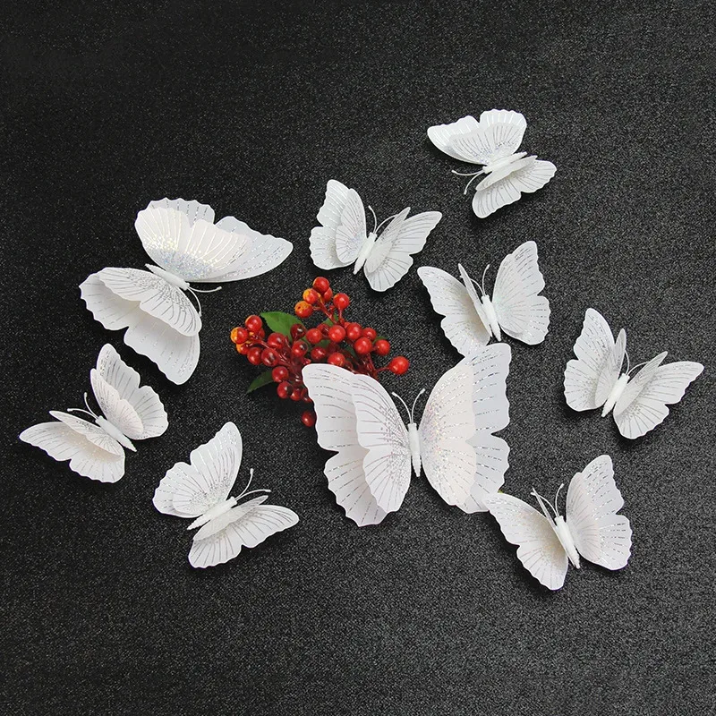 3D Double-Layer Butterfly Wall Decals, 12-Piece Set, for Wedding Decor, Butterfly-Themed Room Decoration, Magnetic Refrigerator