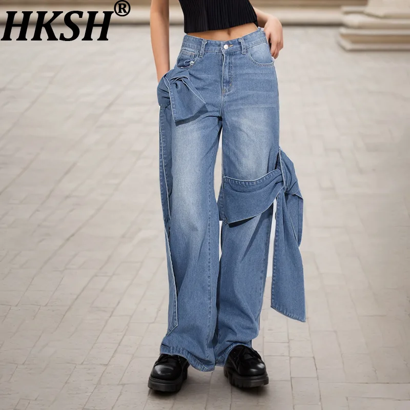

HKSH Spring Autumn New Women Jeans Washed Denim Vintage Ribbon Spliced Elegant High Street Y2k Retro Chic Straight Pants HK17415