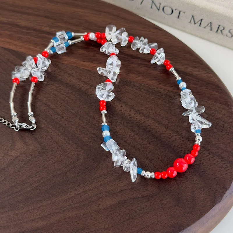 Irregular Red Blue Transparent Glass Beaded Necklace New Chinese Ethnic Style Premium Versatile Choker For Women Daily Party Use