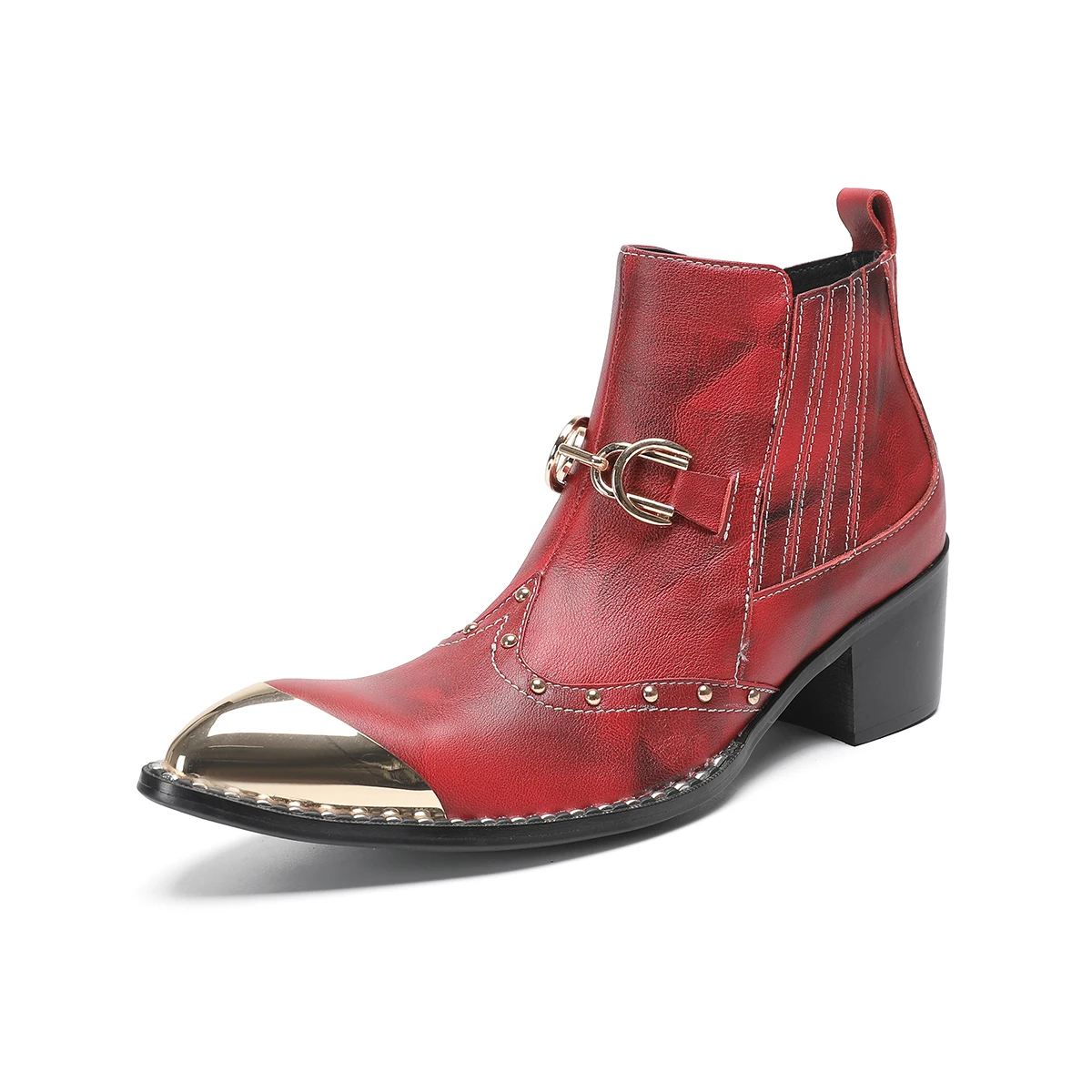 Fashion Red Rivets Pointed Toe Men Real Leather Ankle Boots Large Size Zip Motorcycle Cowboy Short Boots Male Formal Party Shoes