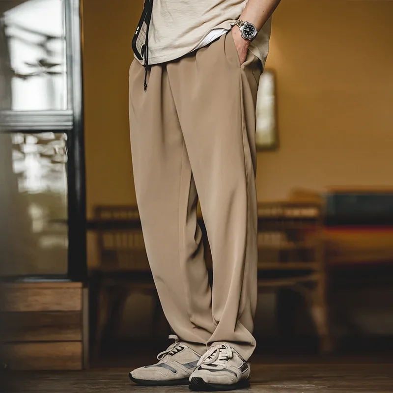 Maden Men's Drape Tapered Casual Pants Solid Color Straight-Leg Suit Pants Wrinkle-free Elastic Waist Trousers for Summer Fall
