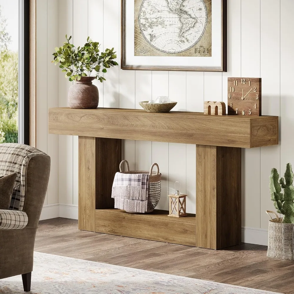 Farmhouse Style Two-Tier Console Table for Entryway, Narrow Long Wood Sofa Table Behind Couch, U-Shaped Base Design