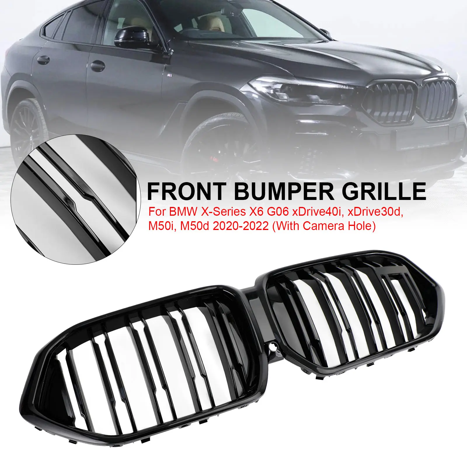 Areyourshop Front Bumper Grille Grill Fit For BMW X6 G06 M50i 2020-2022 W/Camera Hole Black Car accessories