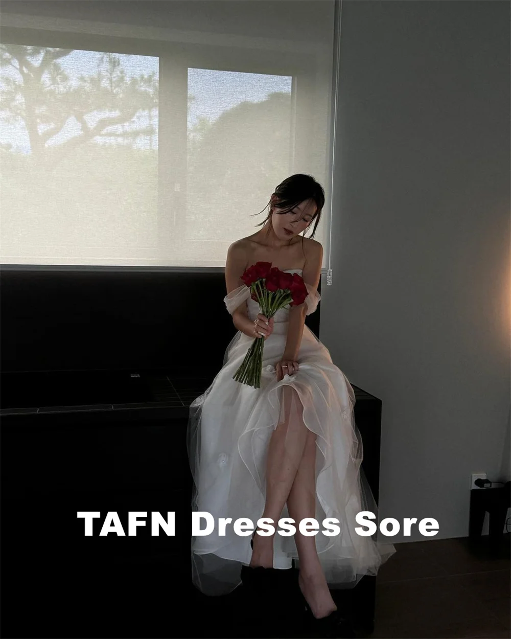 TAFN-vestidos de novia elegantes de Corea, vestido de novia hasta el suelo con hombros descubiertos, apliques de corte en A, vestido de tul personalizado