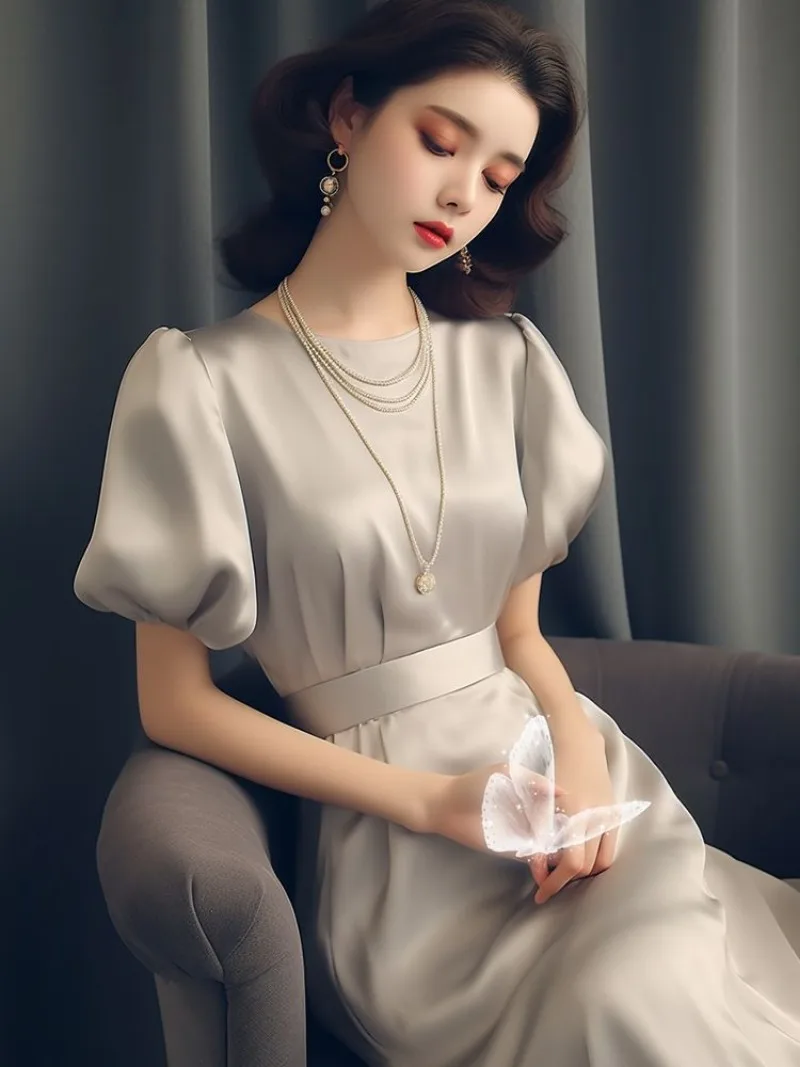 Novo vestido de cetim de luxo francês feminino verão high end elegante cintura fina manga curta o pescoço cor sólida a linha vestidos de festa