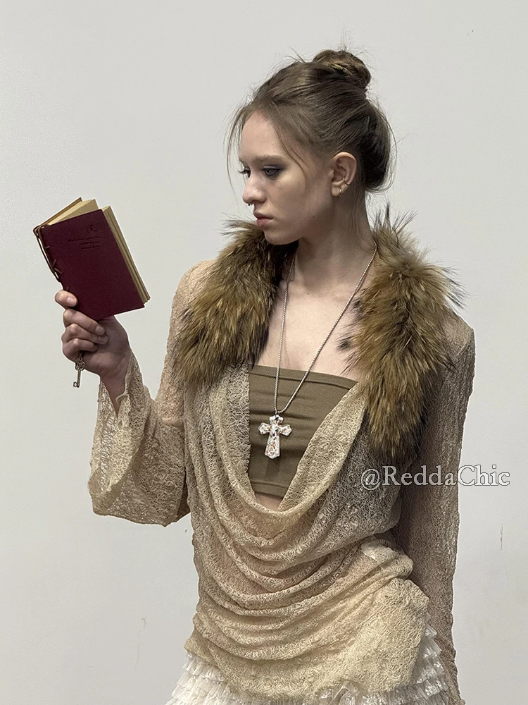 REDDACHiC النساء التستر العصابة مجموعة علوية حمالة أنبوب فو الفراء غرزة القلنسوة الرقبة طويلة الأكمام الدانتيل تي شيرت الرجعية ملابس الحفلات #2