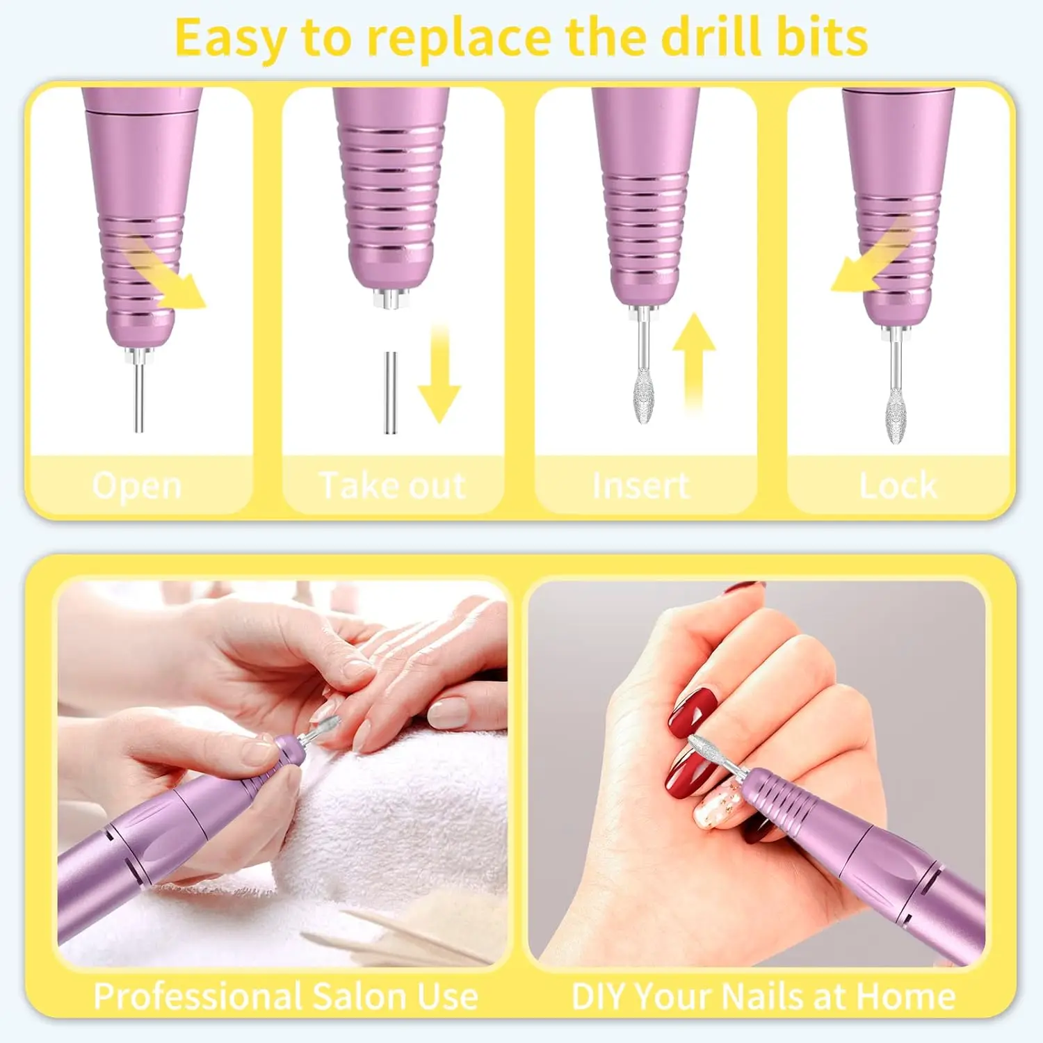 Taladro de uñas inalámbrico profesional, lima de uñas eléctrica de 35000 RPM con kit de brocas para pulido y manicura de gel acrílico