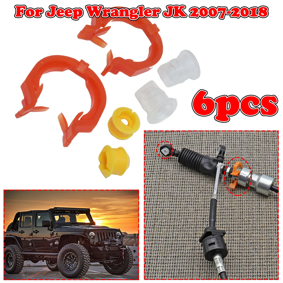 

6PC Gear Shift Cable Bushing For Jeep Wrangler JK 07-2018 Gearbox Pull Head Lever Line Rubber Sleeve Transfer Case Retainer Clip