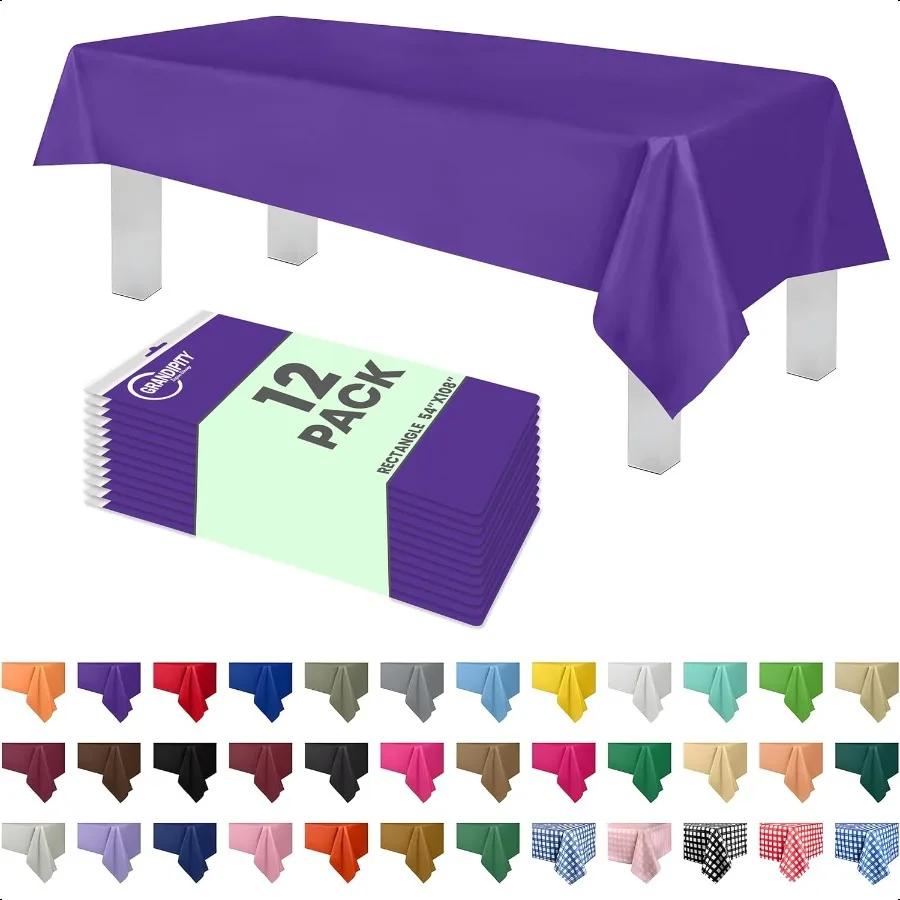 

12 Pack Premium Plastic Tablecloth 54 Inch. x 108 Inch. Decorative Rec Table Cover Purple