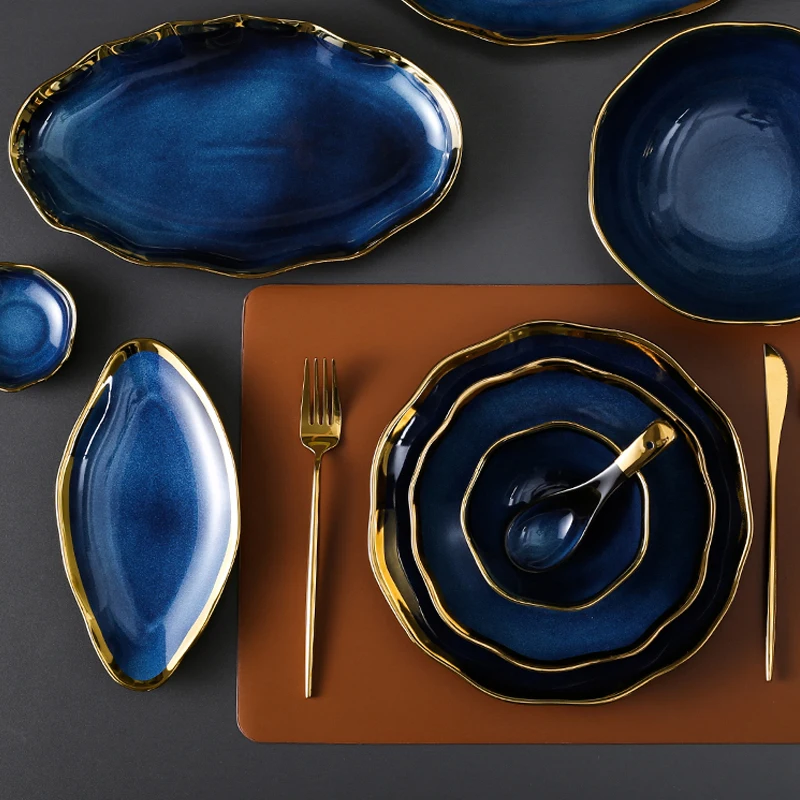 Creative Irregular Ceramic Plate Bowl Nordic Blue Glaze Irregular Golden Edge Steak Plate Main Dish Plate Household Tableware