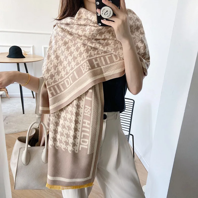 Korean Autumn Winter New Fashion Imitation Cashmere Shawl Scarf Female Thousand Bird Plaid Letter Double Sided Thick Warm Cape