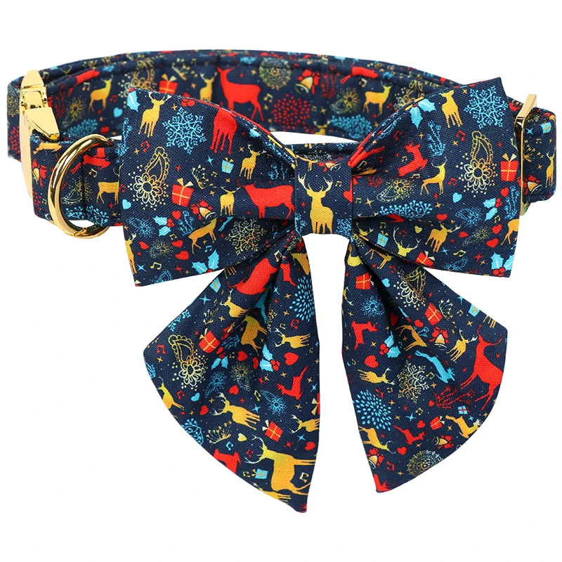 Unique Style Paws Blue Deer Christmas Dog Collar, Christmas Dog Collar with Flower Bowtie for Small Medium Large Dog