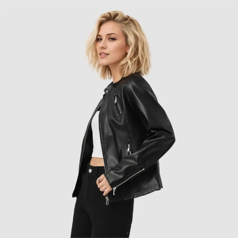 Fashionable stand up collar zipper long sleeved slim fit solid leather jacket for spring/autumn women's temperament elegant coat