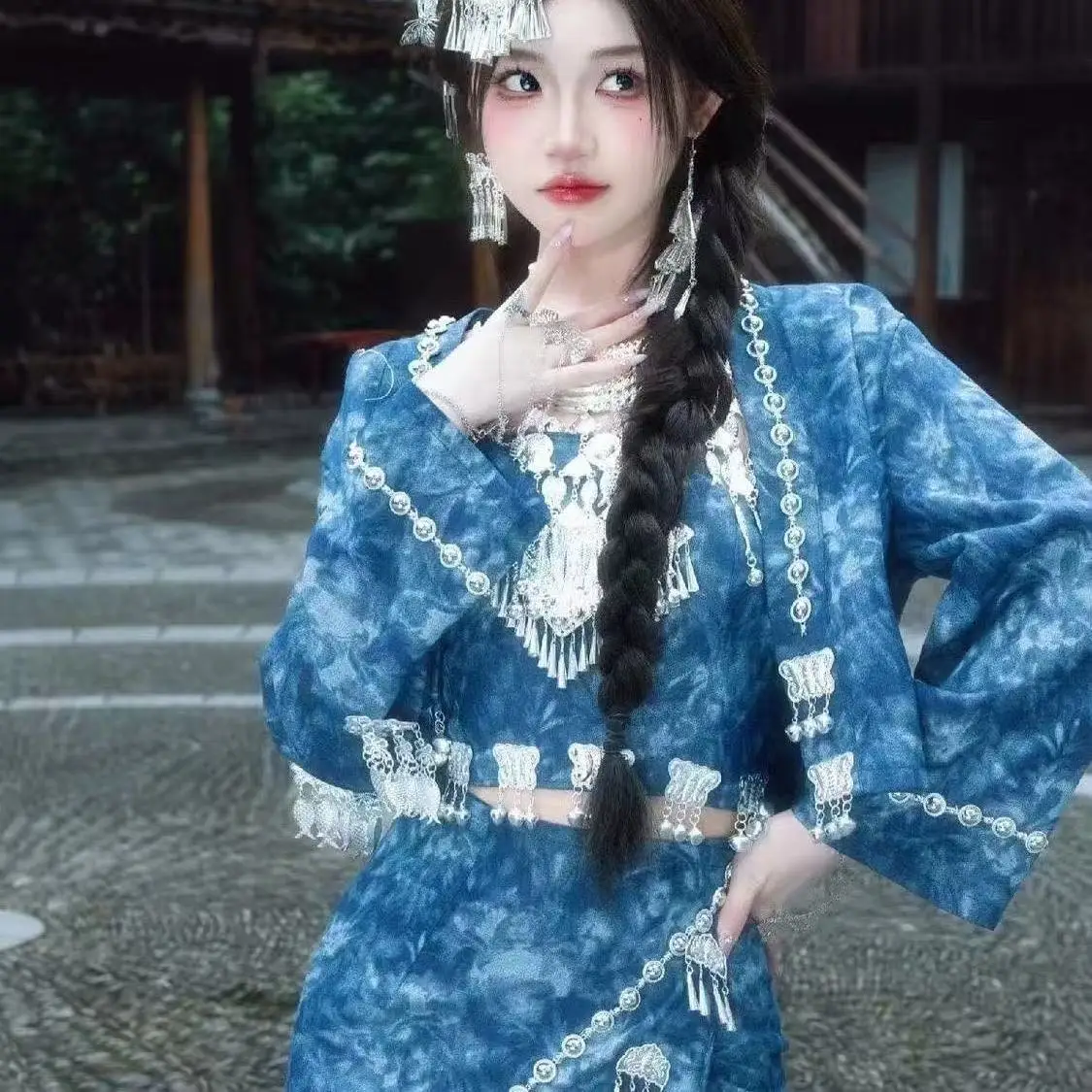 

Cultural Tie-dye Hmong Costume Women's Traditional Chinese Ethnic Miao Clothing Carnival Stage Performance Suits Female Dance