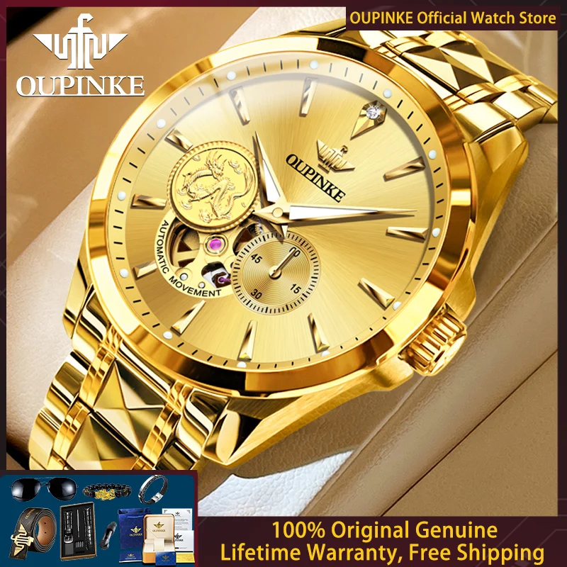 OUPINKE 3260 Zegarek męski z prawdziwego złota i diamentami, luksusowy złoty zegarek męski z motywem smoka, automatyczny zegarek mechaniczny, klasyczny zegarek biznesowy, prezent.