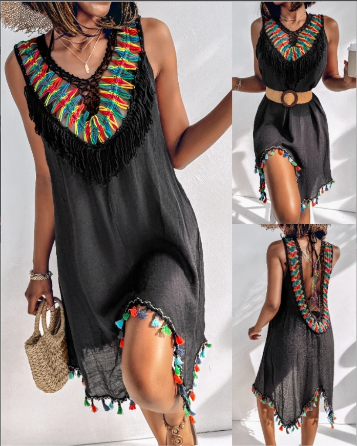

Color blocked knitted V-neck sleeveless backless lace up tassel hem dress