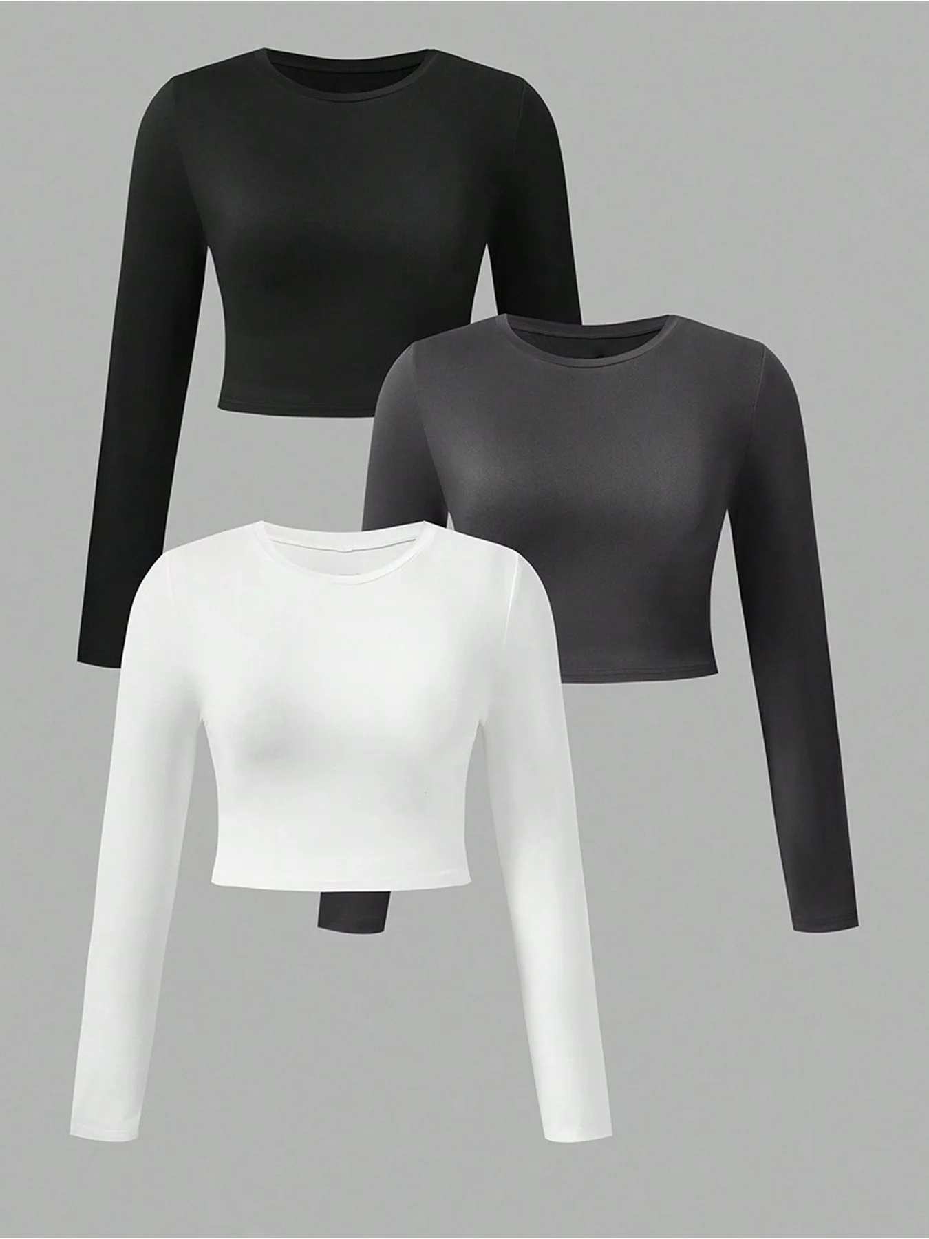 Conjunto de tres piezas de camiseta de manga larga con cuello redondo de color sólido para mujer, a la moda, informal, elegante y cómoda, talla grande
