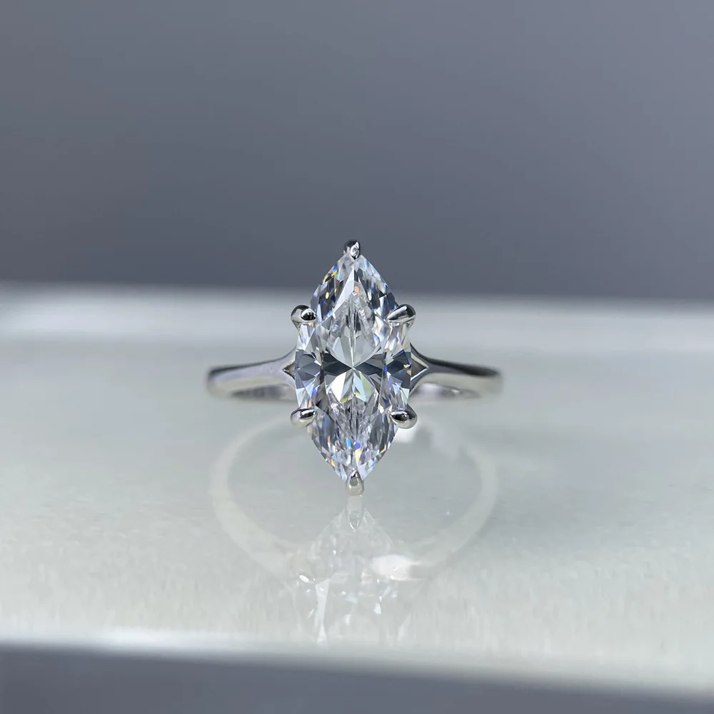 

S925 Rhodium Plated Silver 3CT D Color 7x14mm Marquise Moissanite Engagement Ring for Women, Exquisite Jewelry