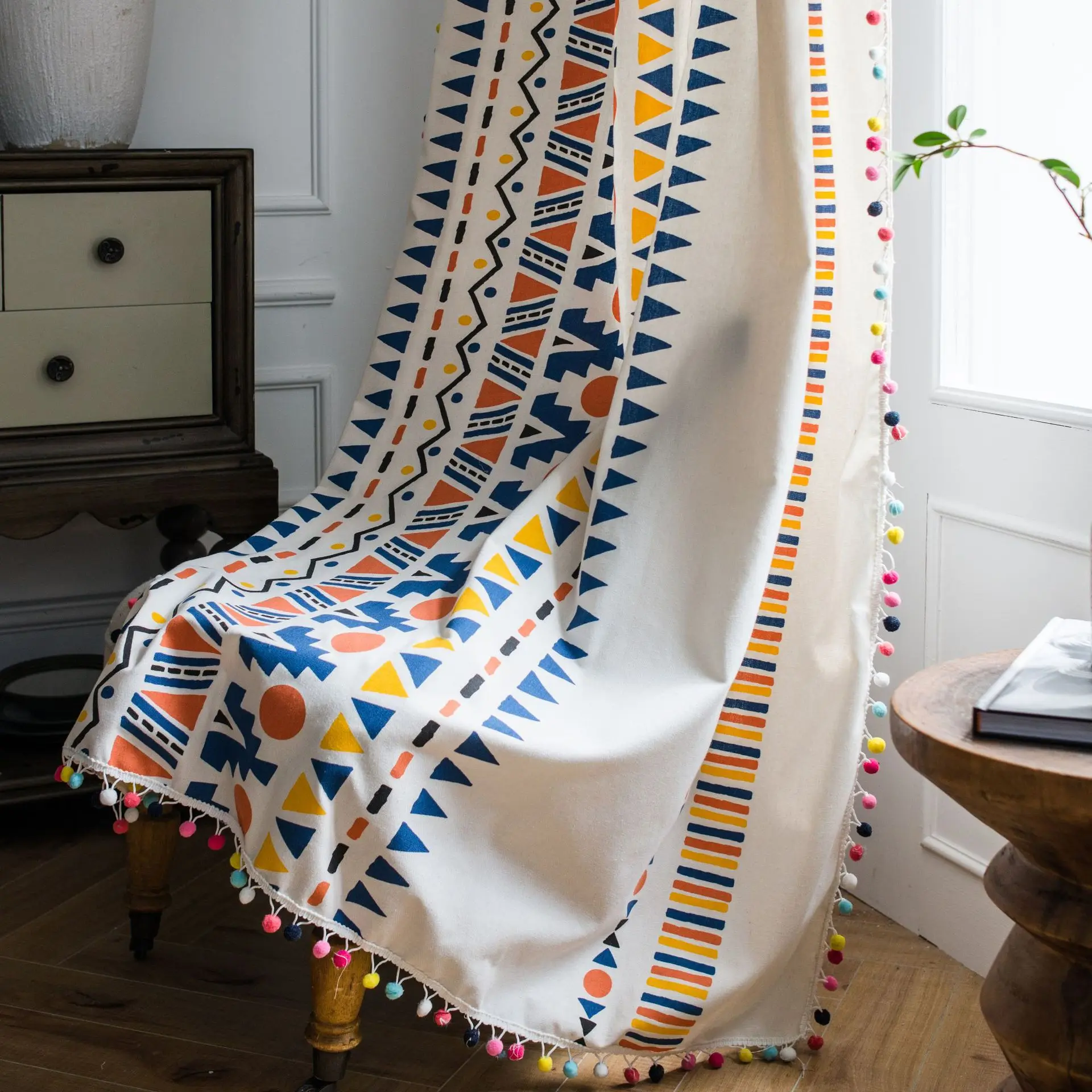 

Geometric Semi-Blackout Windows Curtains Bohemian Cotton Linen Curtain with Pom Pom Trims for Living&Bedroom Outdoor New Year