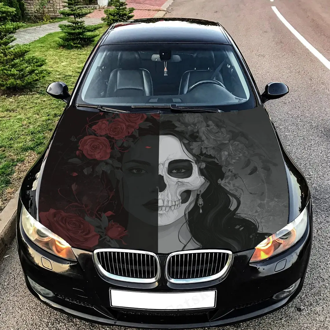 

Виниловая пленка на капот автомобиля с сахарным черепом и розами - водонепроницаемая, самоклеящаяся, наклейка для защиты поверхности автомобиля, реалистичная
