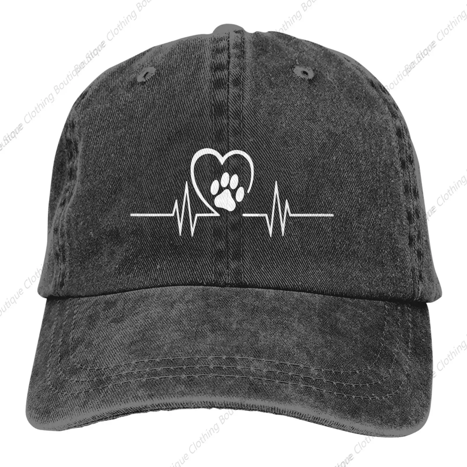 

Women's Heartbeat Paw Print Baseball Cap, Adjustable Vintage Washed Hat for Women and Men Black