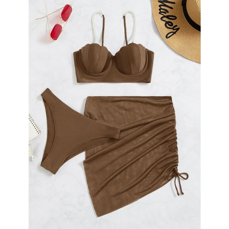 女性水着 3 点ビキニセット固体分割セクシーなプッシュアップビキニ巾着メッシュカバーアップ女性水泳夏のビーチウェア