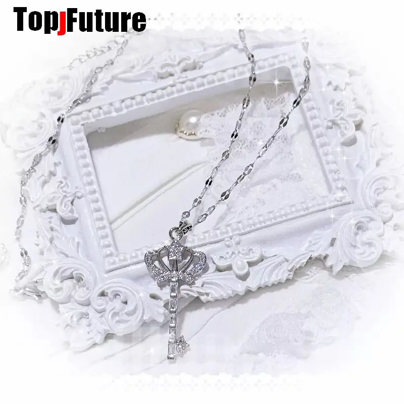 Handmade Lei Style Mass Produced Subculture Japanese Transparent Exquisite Full Diamond Crown Heart Key Necklace Clavicle Chain