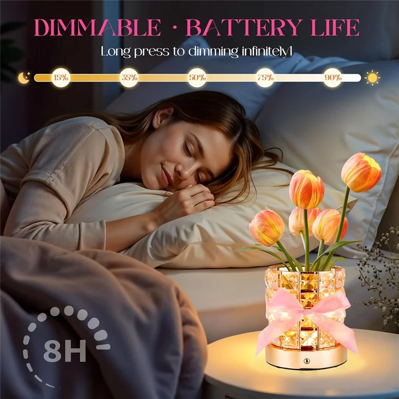 

J1UL1N Светодиодный беспроводной ночник-тюльпан с регулируемой яркостью и хрустальной основой с зарядкой через USB, небольшой ночник для домашнего декора, идея подарка на день рождения