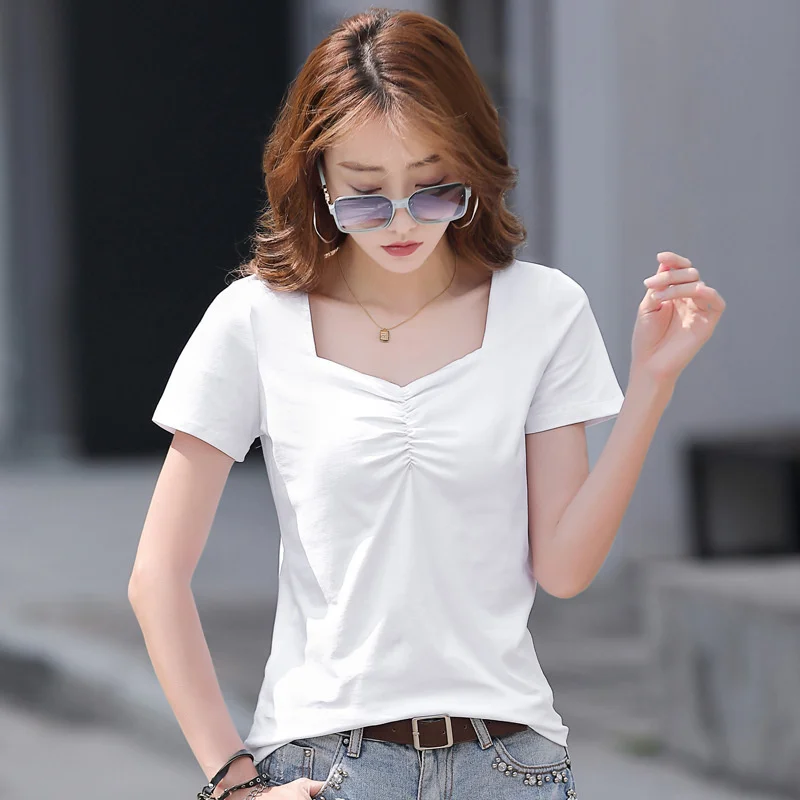 #0246 Black White Pink Blue Short Sleeve T Shirt Women Summer Square Collar Folds Slim Office T-shirt Female Sexy Short Cotton