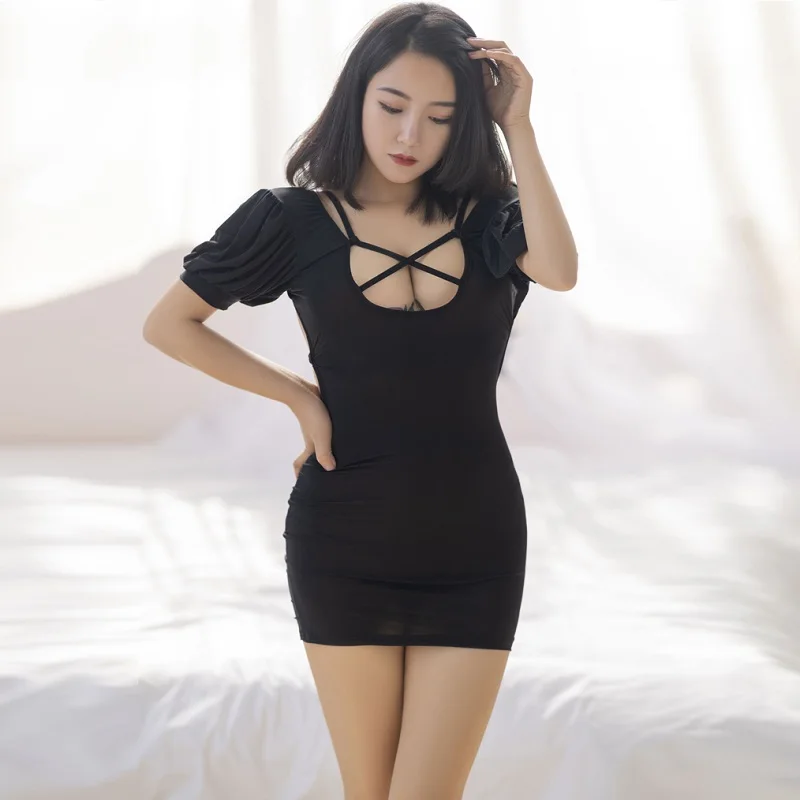 Sweet Puff Sleeves Sexy Bandage Mini Dress Princess Style OL Suit High Elastic Backless Push Up Sheer Babydolls Nightclub Wear