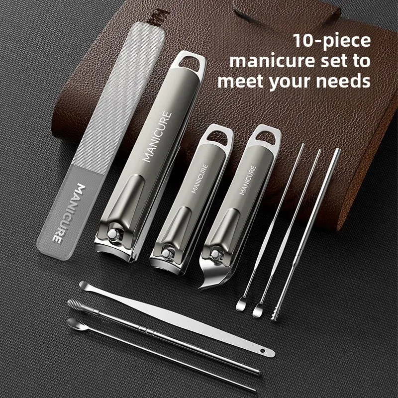 10PCS Anti-Splash Nail Clipper Set Stainless Steel Manicure Kit Splash-Proof Professional Grooming Tools with PU Leather Travel