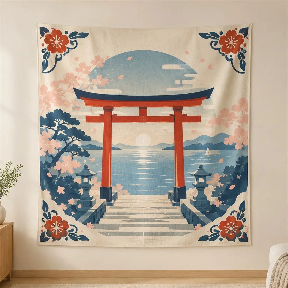VIKAMA Torii Gate Scene Corner Motif Tapestry Wall Hanging, Japanese Wall Decor Tapestries for Bedroom Nursery Kids Room