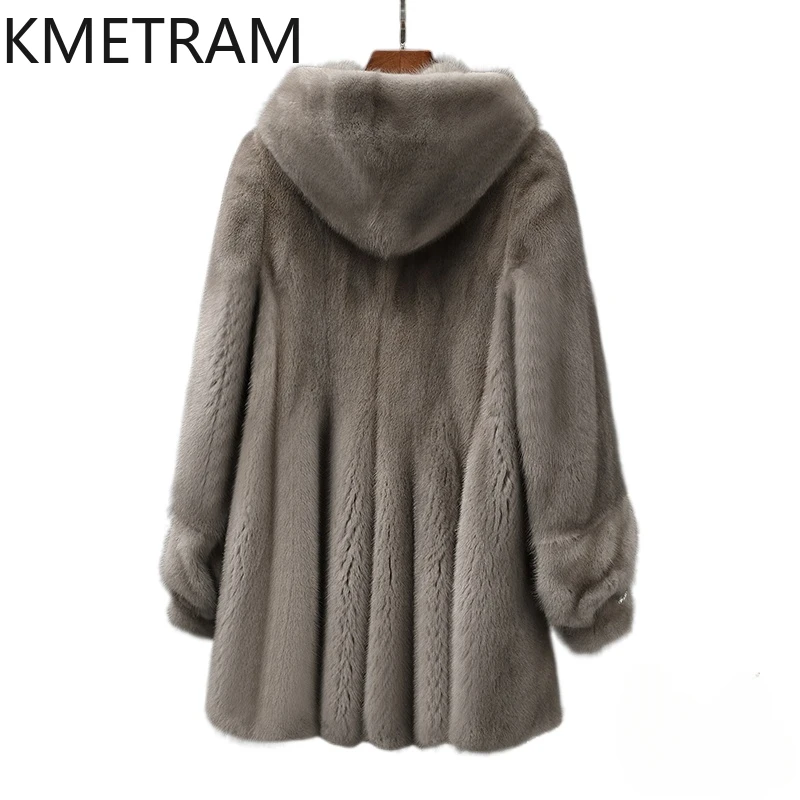 Real Mink Fur Coat Women High Quality Grey Fur Jacket with Hood Mid Length New in Outerwears Winter Luxury Clothes шуба 2024