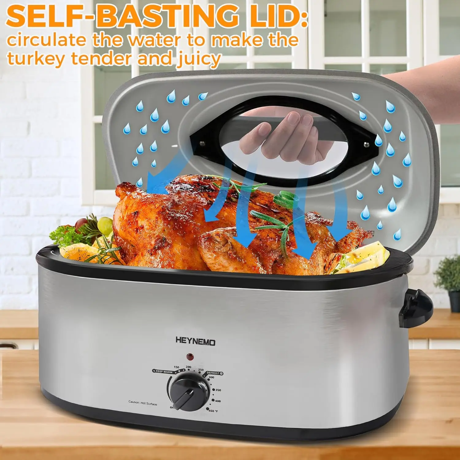 Electric Roaster Oven, 24 Quart, Stainless Steel with Self-Basting Lid, Removable Pan and Rack, Adjustable Temperature Control,